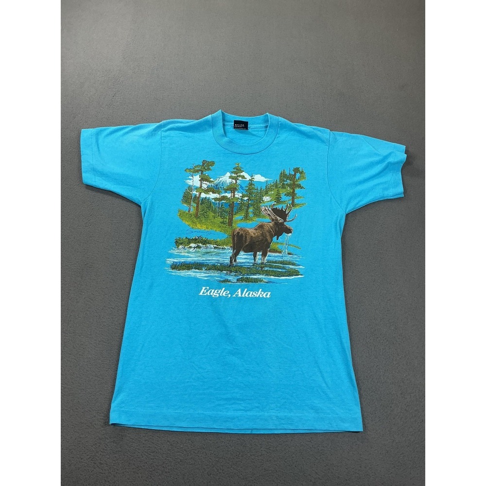 Vintage Eagle Alaska Shirt Mens Medium Blue‎ Moose Graphic Screen Stars Best USA